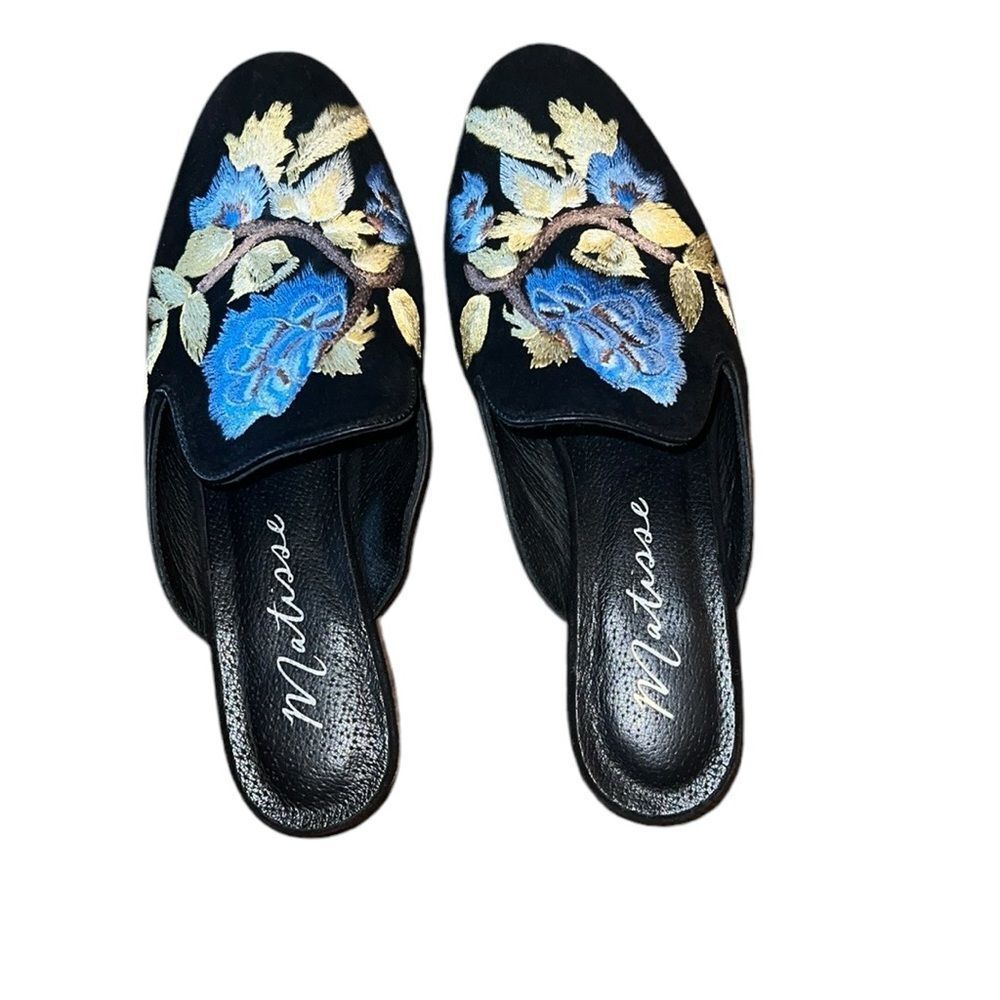 Matisse Black Embroidered Floral Slip-On Mules with Blue & Gold Accents